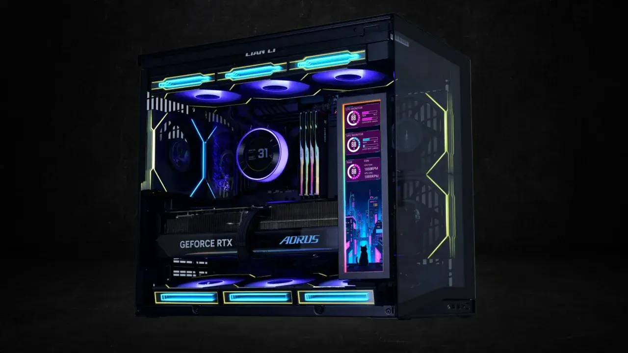 Gaming-PC mit RGB-Beleuchtung und kleinem Display, das Systeminformationen wie CPU-Temperatur und Lüfterdrehzahl anzeigt, um die FPS im Auge zu behalten.