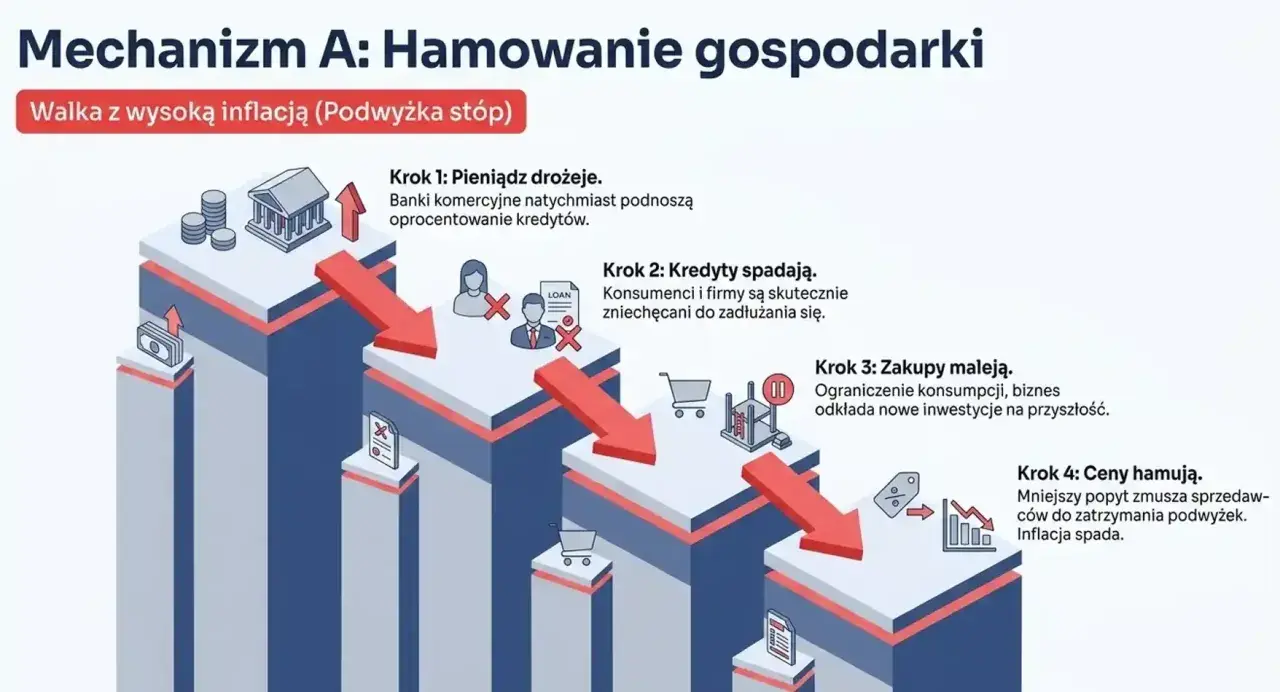 Mechanizm hamowania gospodarki: podwyżka stóp procentowych, czyli stopa lombardowa, prowadzi do droższego pieniądza, spadku kredytów, mniejszych zakupów i hamowania cen.