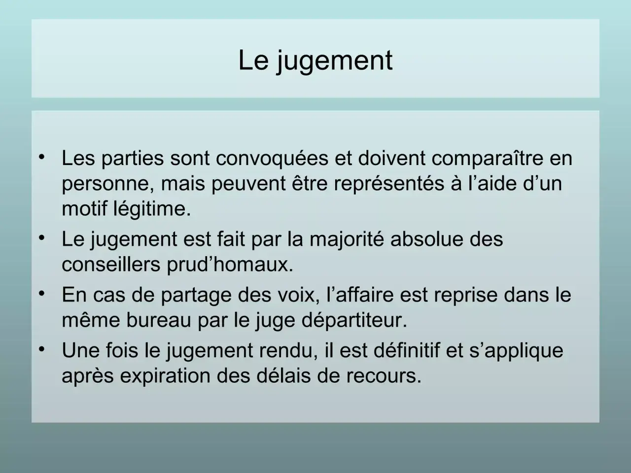 Diapositive sur "Le jugement", expliquant le rôle du juge départiteur en cas de partage des voix.