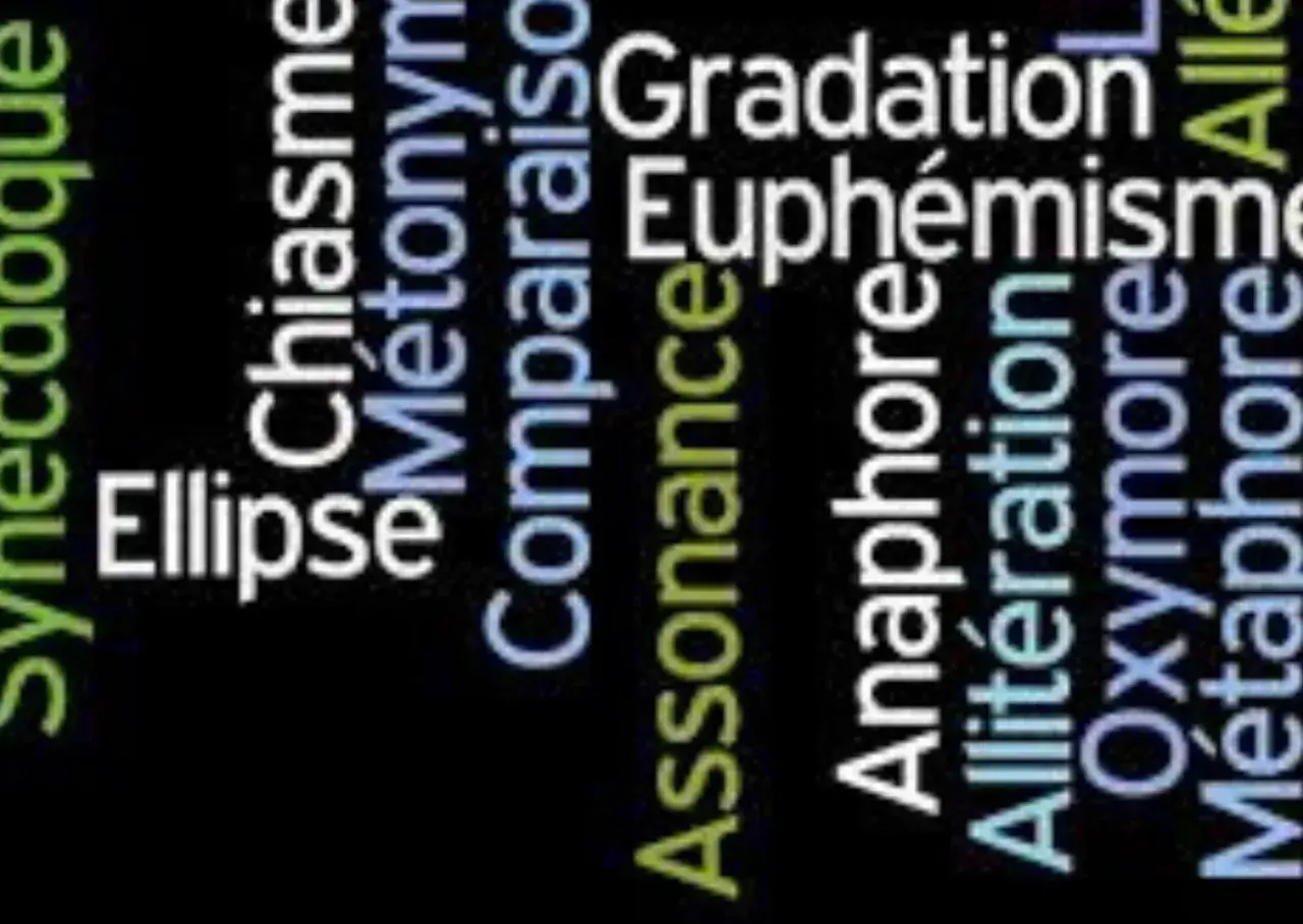 Un collage de mots illustrant des figures de style : ellipse, chiasme, métaphore, gradation, euphémisme, anaphore, allitération, oxymore.