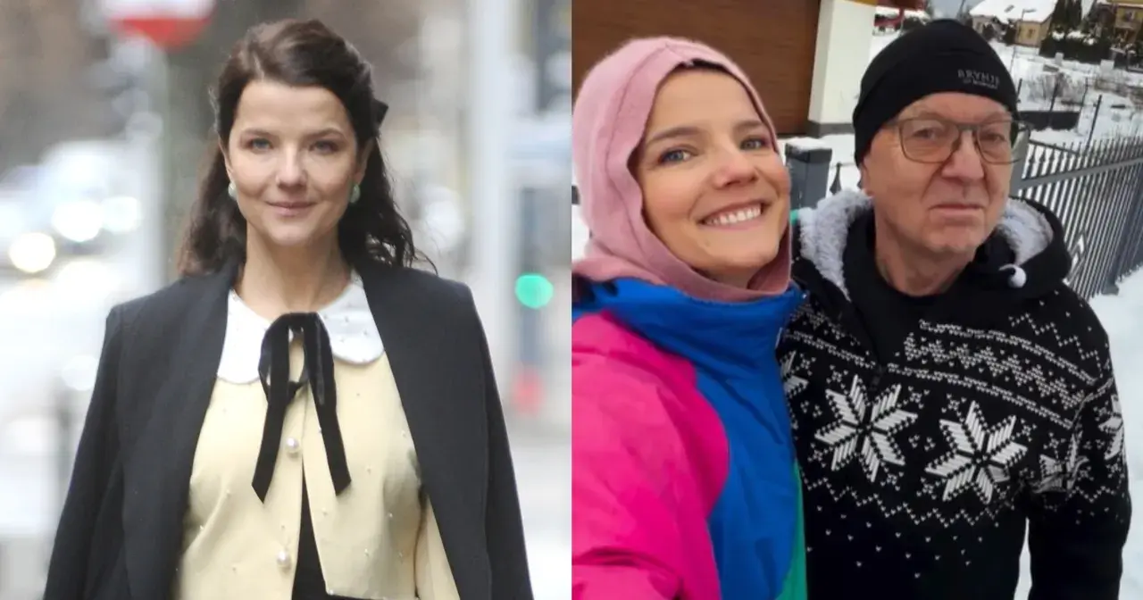 Marta Konarska z rodzicami w zimowej scenerii i eleganckiej stylizacji.