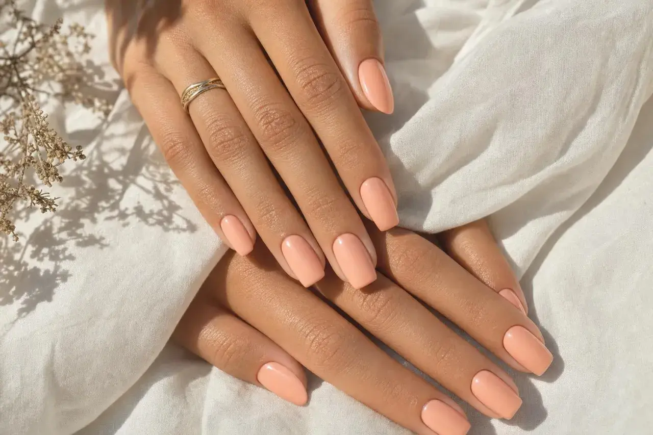 Mains aux ongles pêche, peau bronzée, bague fine. Douceur et élégance estivales.
