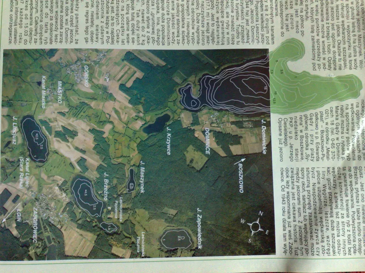 Mapa z zaznaczonym jeziorem Dominickim, kanałami i innymi jeziorami. Widać kontury dna, sugerujące obecność ryb.