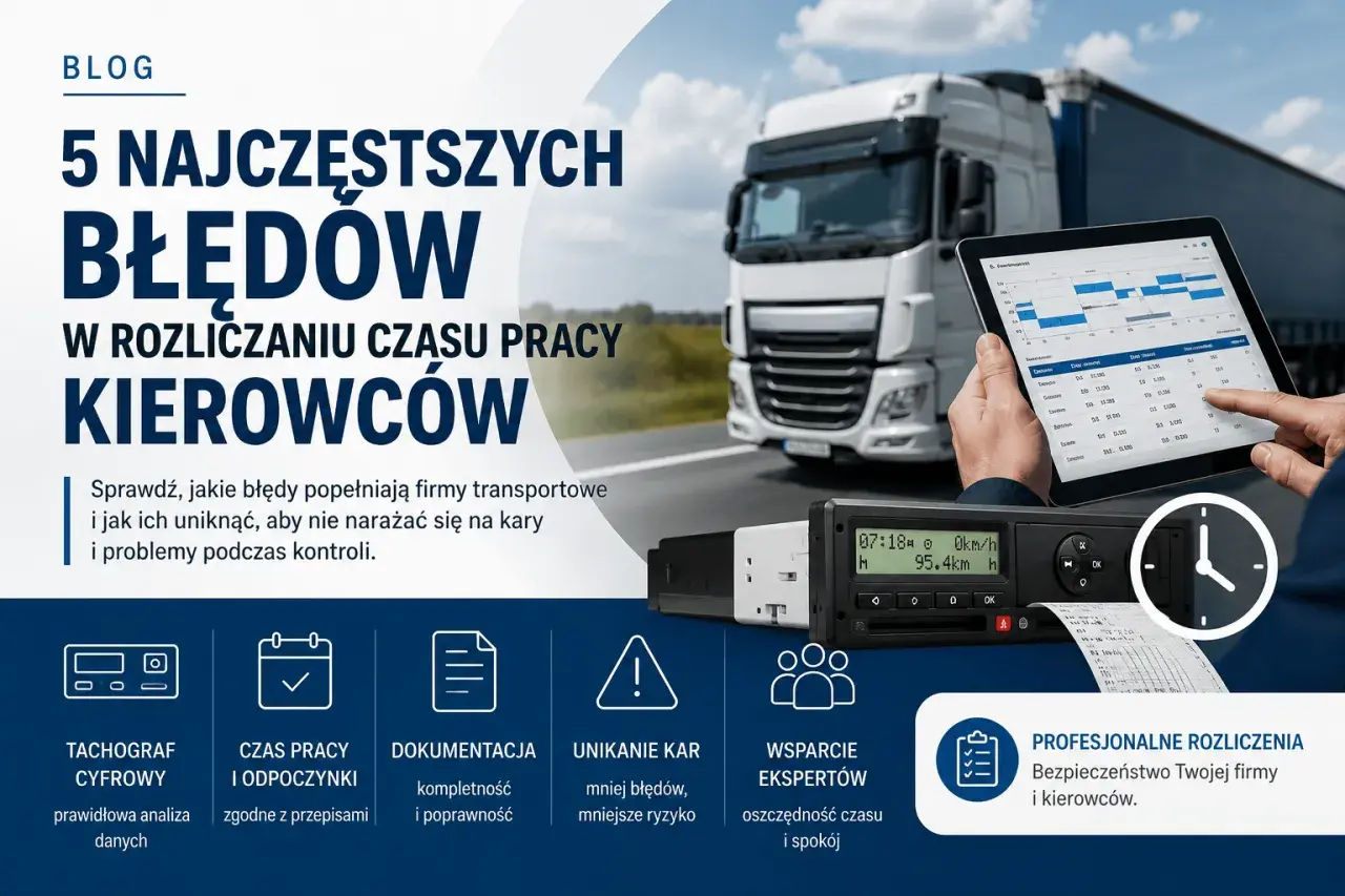 Profesjonalne rozliczanie czasu pracy kierowców to klucz do uniknięcia kar. Grafika pokazuje tachograf, tablet z danymi i ciężarówkę.