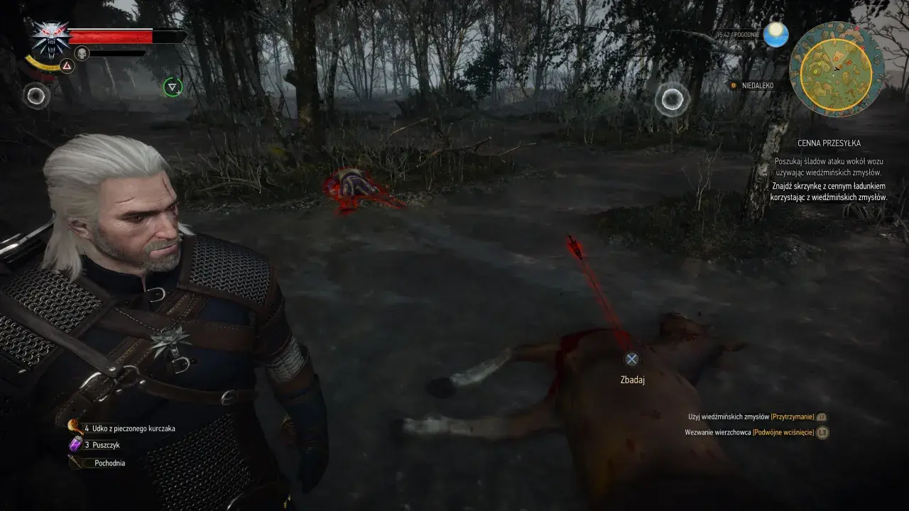 Geralt szuka śladów ataku, by odnaleźć cenną przesyłkę w mrocznym lesie. W pobliżu leży martwy koń.