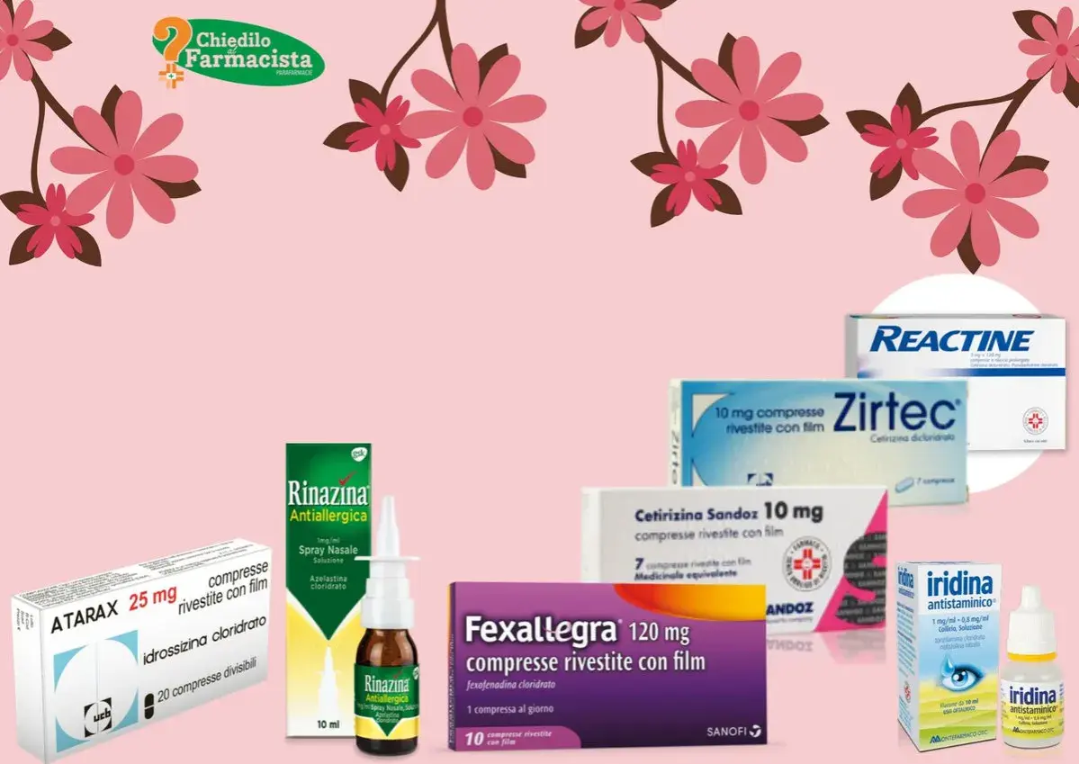 Vari antistaminici per la rinite allergica: Reactine, Zirtec, Fexallegra, Rinazina, Atarax e Iridina.