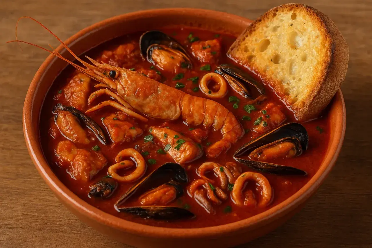 Un invitante cacciucco alla livornese in ciotola di terracotta, con gamberone, cozze, anelli di calamaro e crostino.