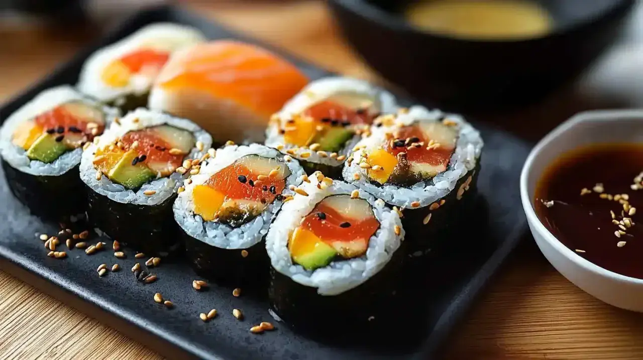 Rolki sushi z łososiem, awokado i mango, posypane sezamem, na czarnym talerzu z sosem sojowym.