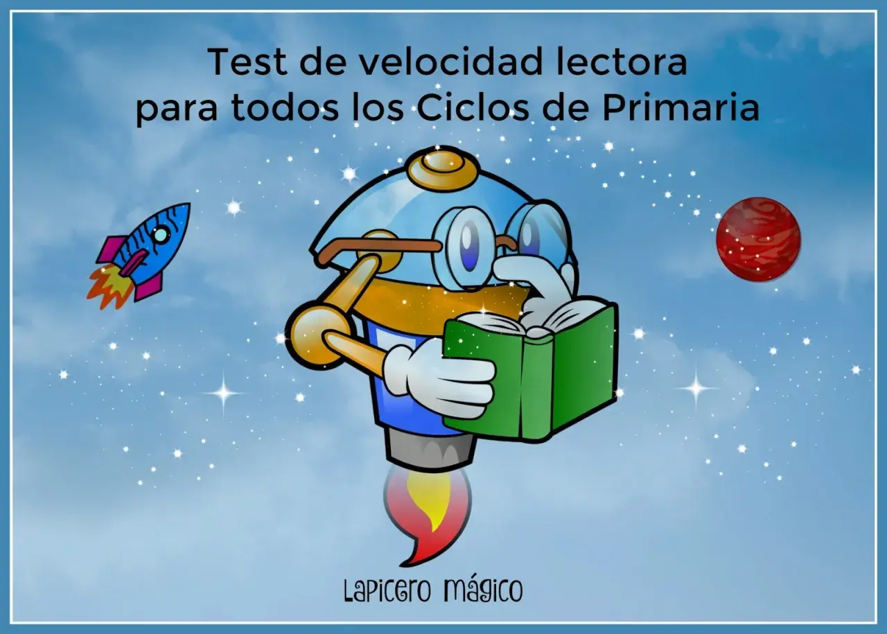 Un robot con gafas lee un libro, listo para mejorar la velocidad lectora primaria. Un cohete y un planeta flotan en el cielo estrellado.