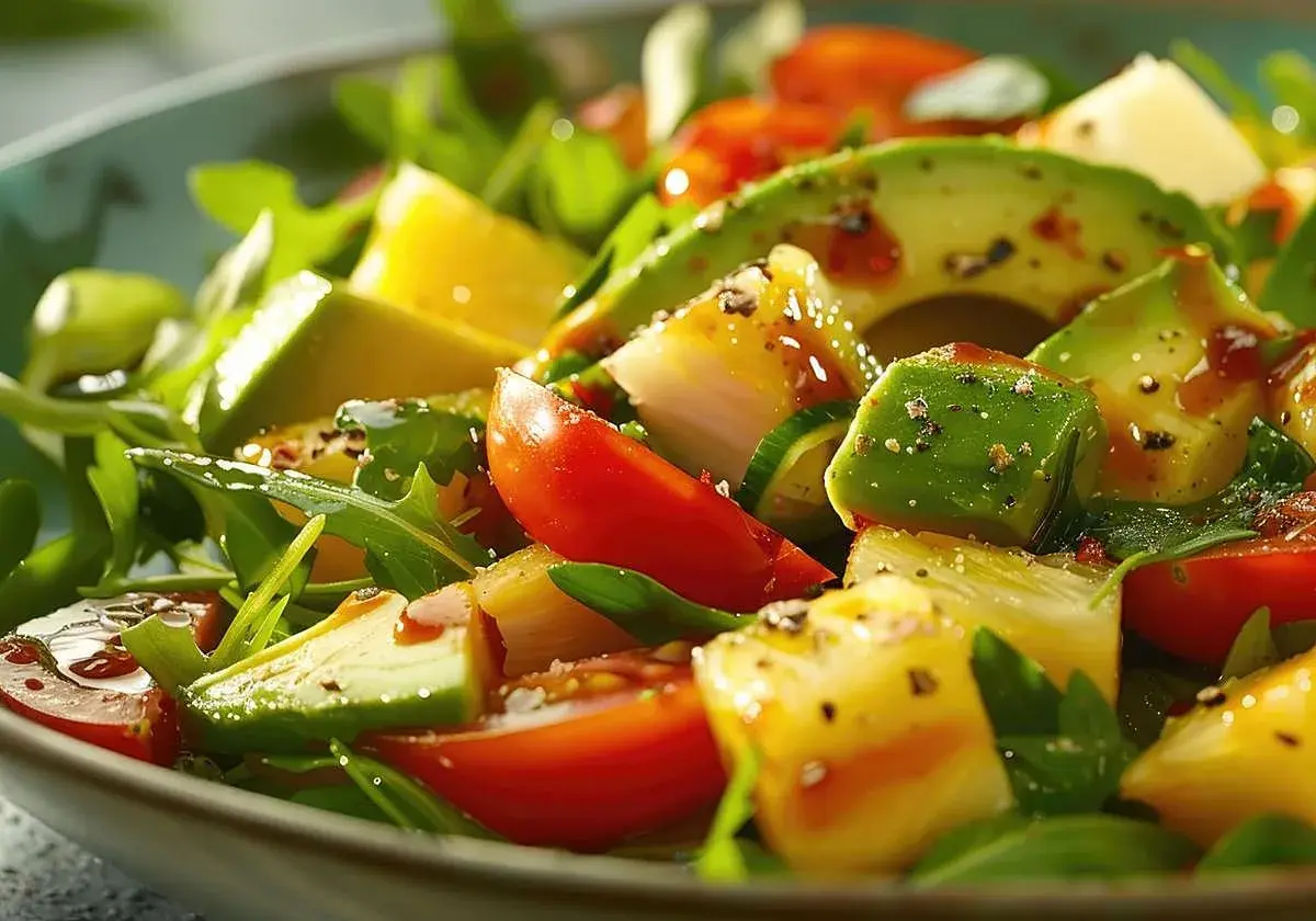Ensalada de aguacate fresca con tomates, piña y aderezo.