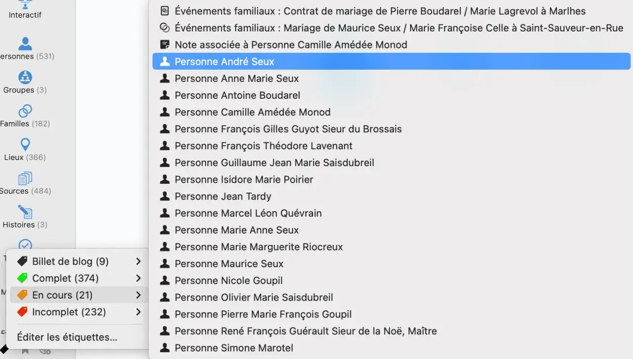 Liste de personnes dans un logiciel de généalogie, "Personne André Seux" est sélectionné. ad65 en ligne.