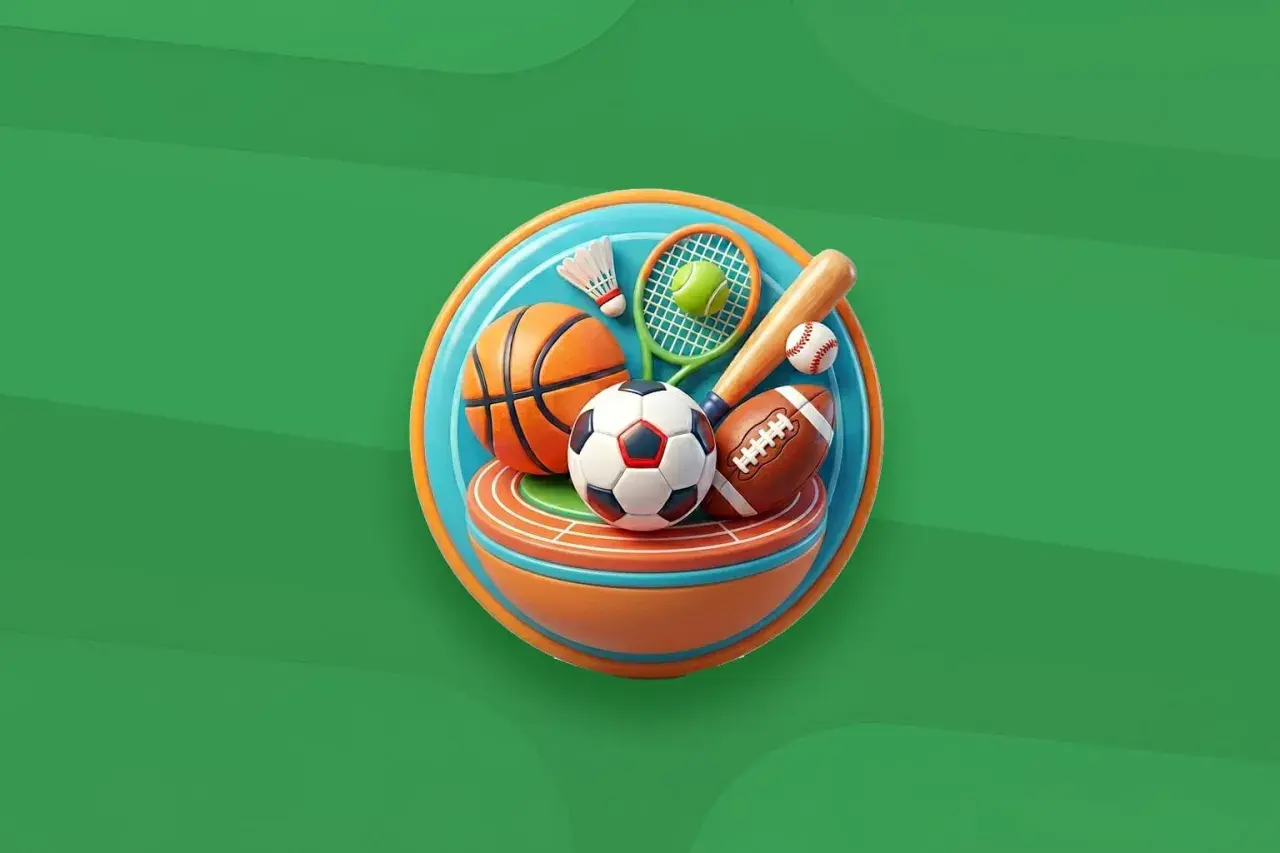 Un círculo con balones de fútbol, baloncesto, béisbol, americano, raqueta de tenis, volante y bate. ¡Todo listo para usar sports idioms!