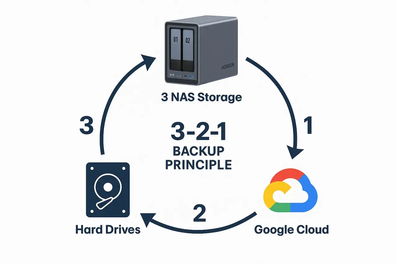 Das 3-2-1 Backup-Prinzip: 3 Kopien, 2 Medien (NAS, Festplatten) und 1 Cloud-Speicher.