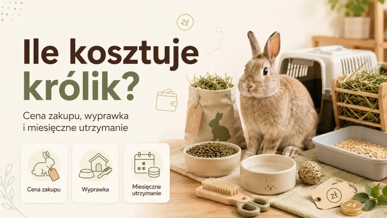 Ile kosztuje królik? Obraz przedstawia uroczego królika, jego wyprawkę i koszty utrzymania.