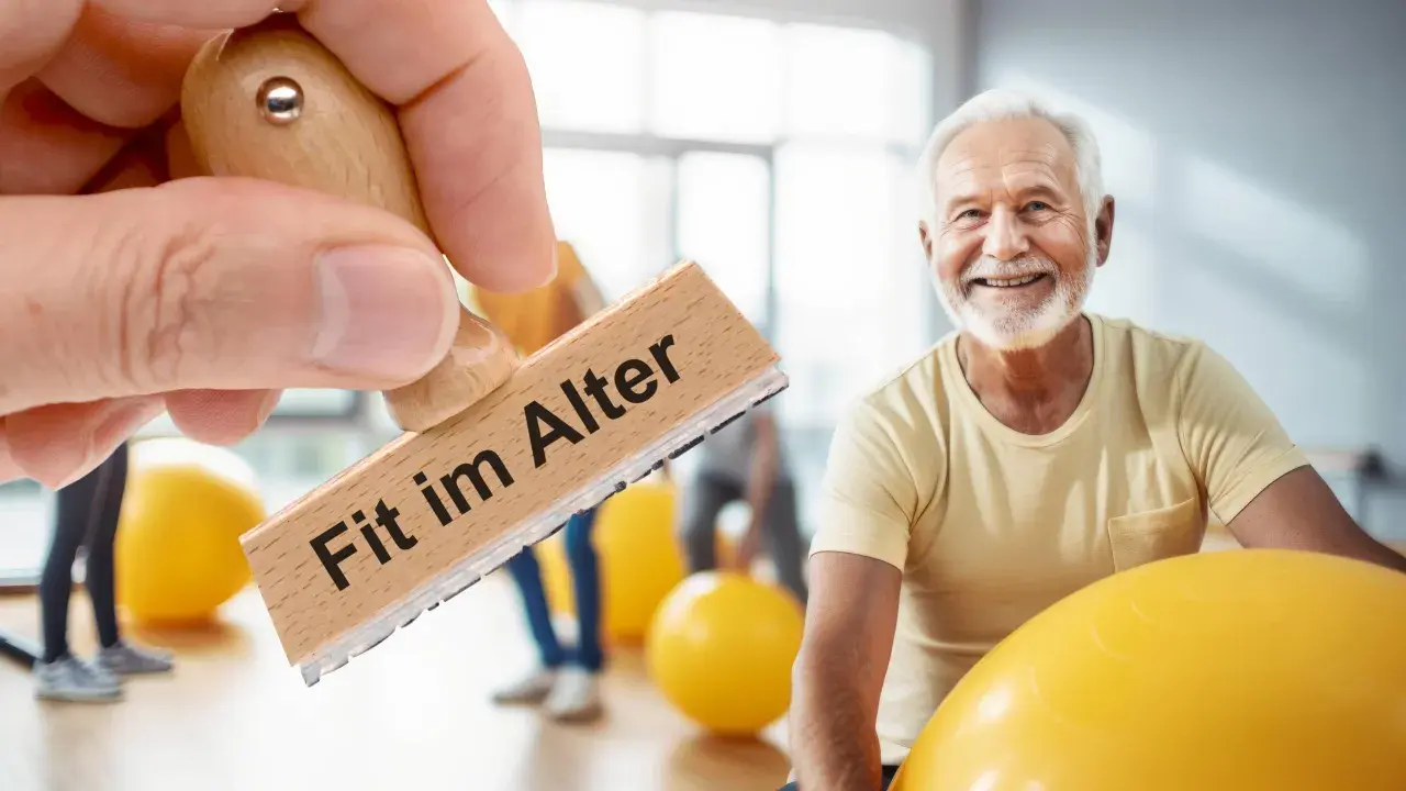 Ein Mann stempelt "Fit im Alter" auf ein Bild von einem lächelnden älteren Mann, der von Gymnastikbällen umgeben ist.