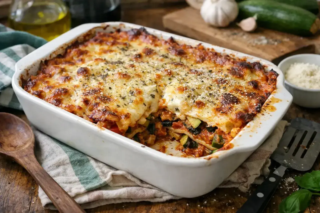Lasagnes aux légumes, une recette italienne réconfortante avec des couches de pâtes, sauce tomate, courgettes et fromage gratiné.