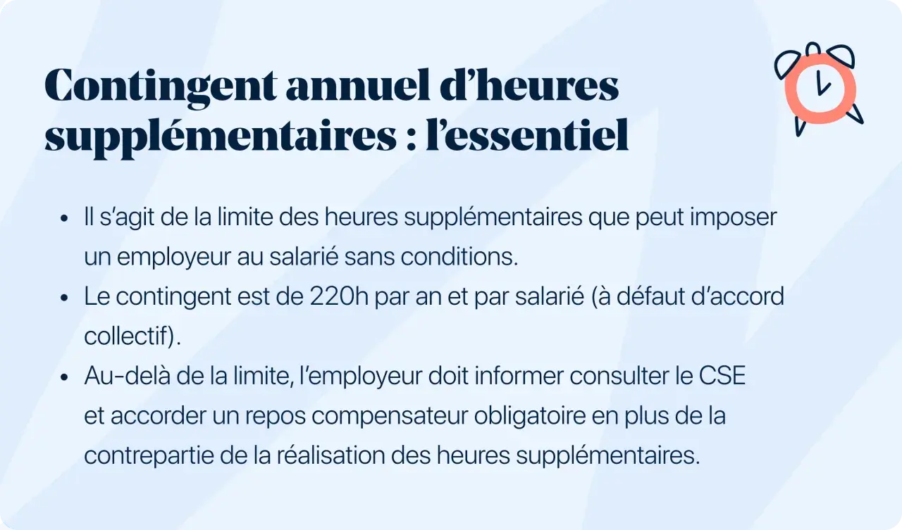 Le contingent annuel d'heures supplémentaires est de 220h par salarié. Au-delà, l'employeur doit informer le CSE et accorder un repos compensateur.