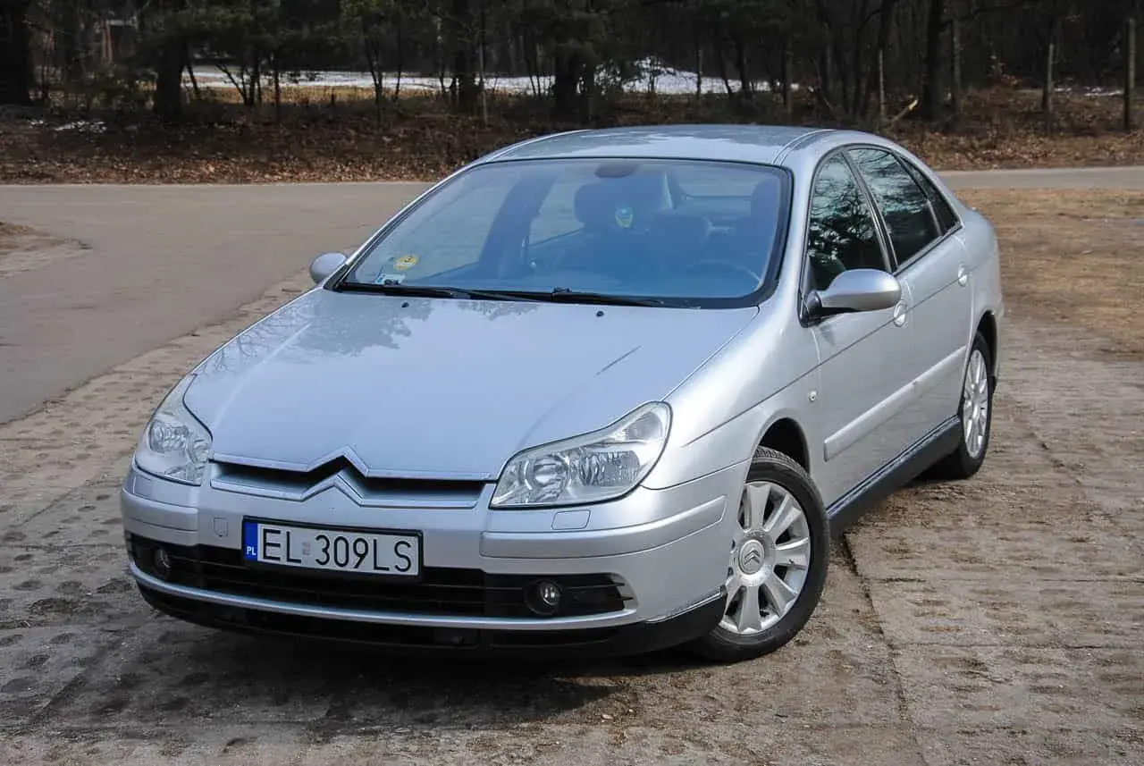 Srebrny Citroen C5 2.0 HDi zaparkowany na drodze leśnej.