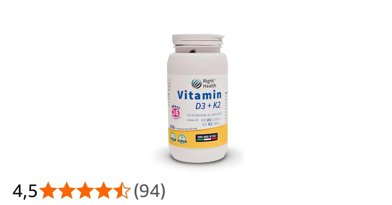 Integratore alimentare Right Health con vitamina D3 e K2 insieme, 500 compresse.