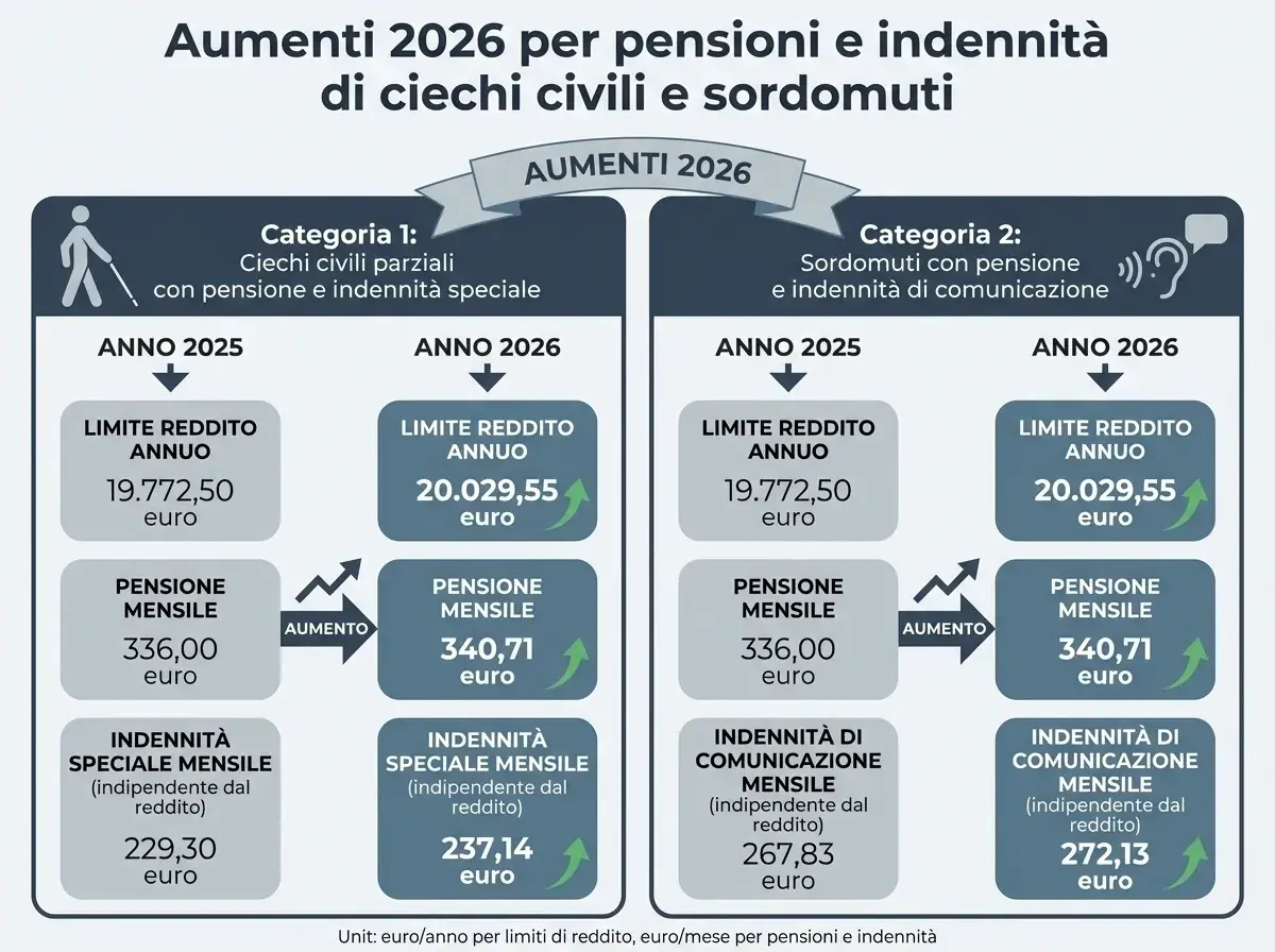 Aumenti 2026 per ciechi civili: pensione mensile 340,71€, indennità 237,14€. Il limite di reddito sale a 20.029,55€.
