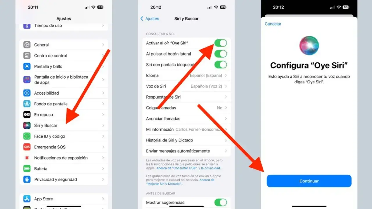 Configura "Oye Siri" en Ajustes. Activa la opción para que Siri te escuche y reconozca tu voz.