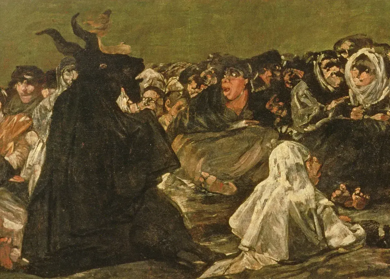 Goyas schwarze Bilder: Ein schwarzer Teufel mit Hörnern thront über einer Gruppe verängstigter Menschen.