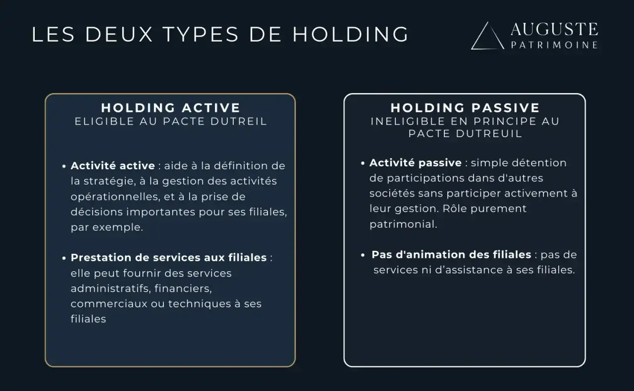 Comparaison des holdings actives et passives, éligibles ou non au pacte Dutreil. Une holding active gère ses filiales, une passive se contente de détenir des participations.