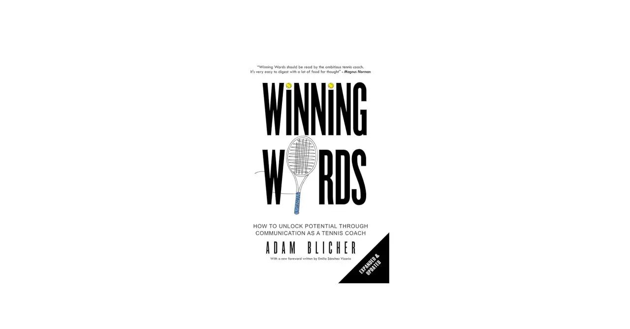 Okładka książki "Winning Words" z rakietą tenisową i piłkami.