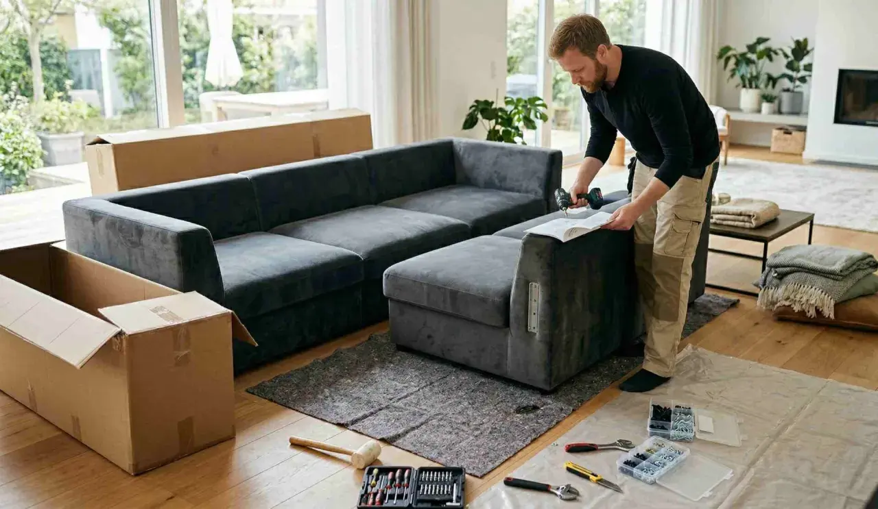 Man monterar en grå soffa med skruvdragare och instruktioner. Det ser ut som ett projekt för att byta stoppning soffa.