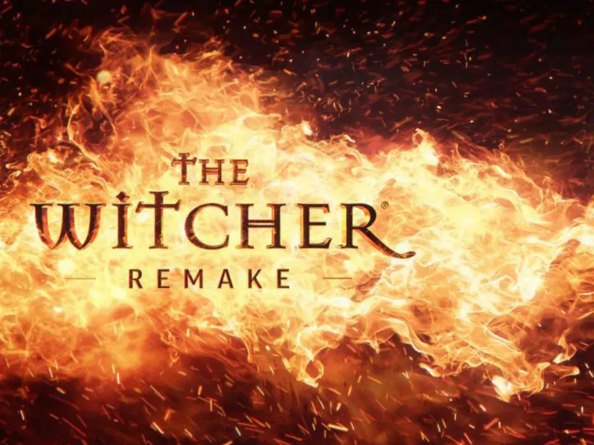 Płomienie otaczają napis "The Witcher Remake". Zapowiada to gorącą przygodę w odświeżonej wersji gry Wiedźmin 1.