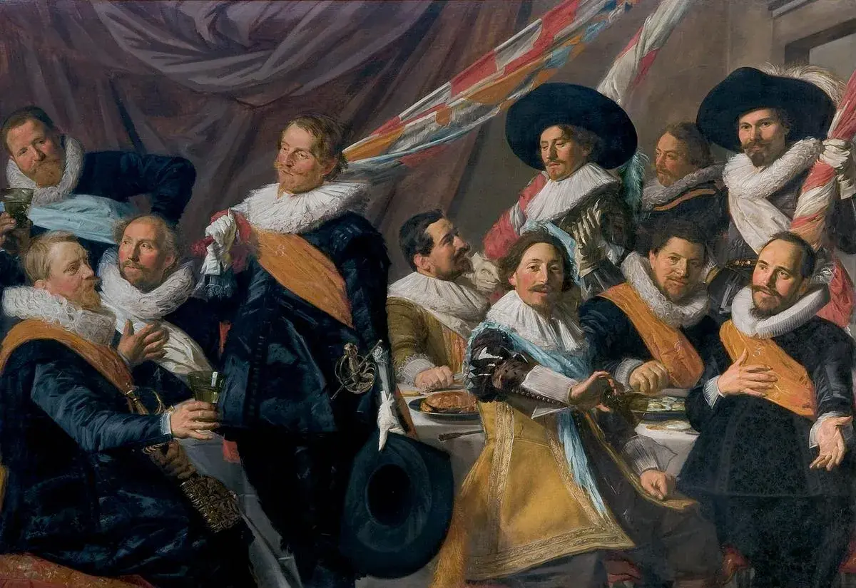 A group of men in 17th-century attire, including the laughing cavalier, gather around a table.