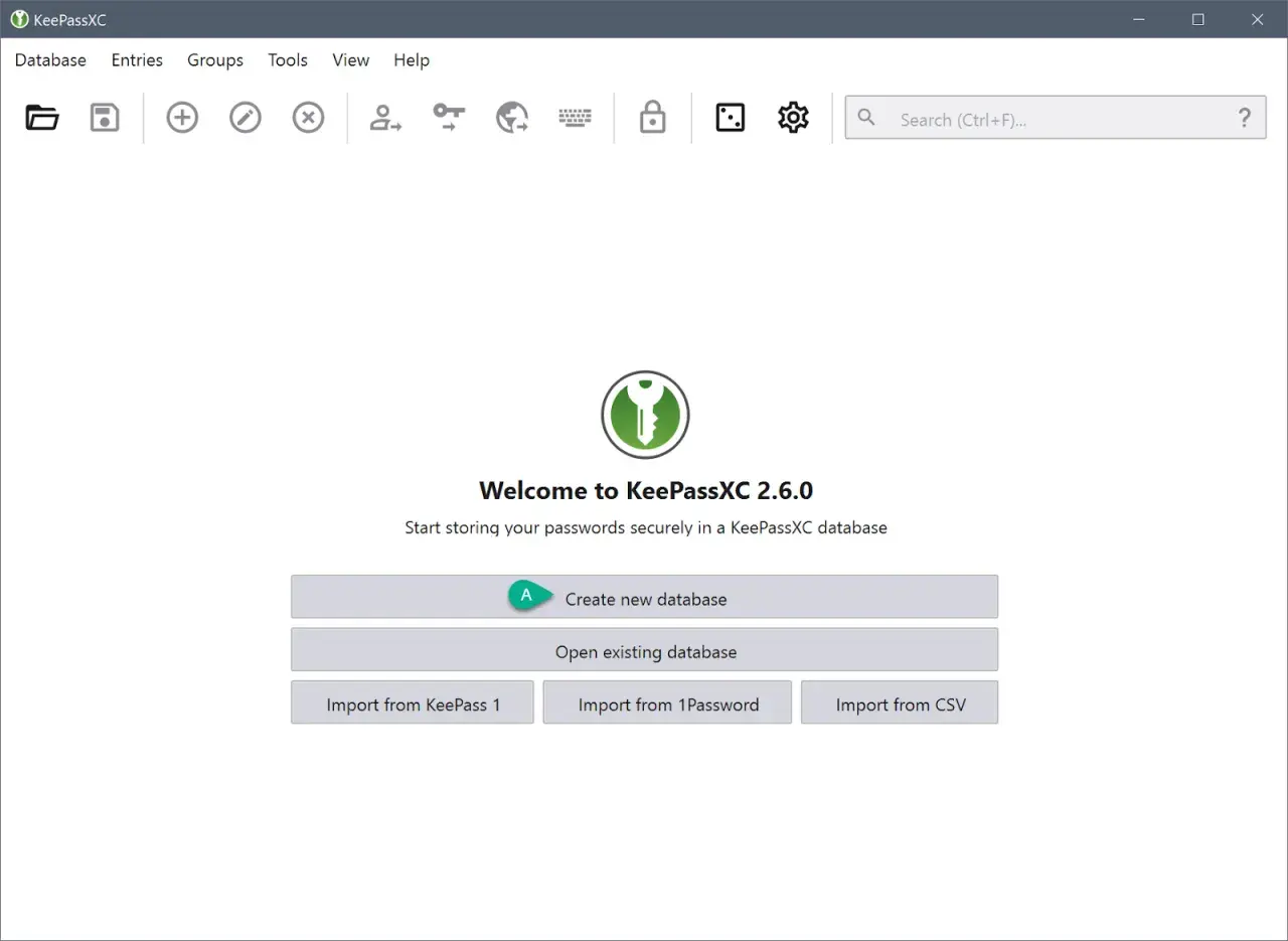 Ekran startowy KeePassXC 2.6.0, gdzie można stworzyć nową bazę danych lub otworzyć istniejącą. Bezpieczne przechowywanie haseł, jak na Niebezpiecznik.
