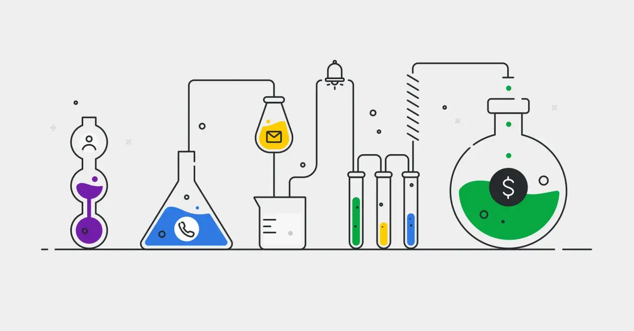 Proceso de cómo hacer una cotización: un experimento científico con tubos de ensayo, matraces y un símbolo de dólar, que representa la creación de valor.
