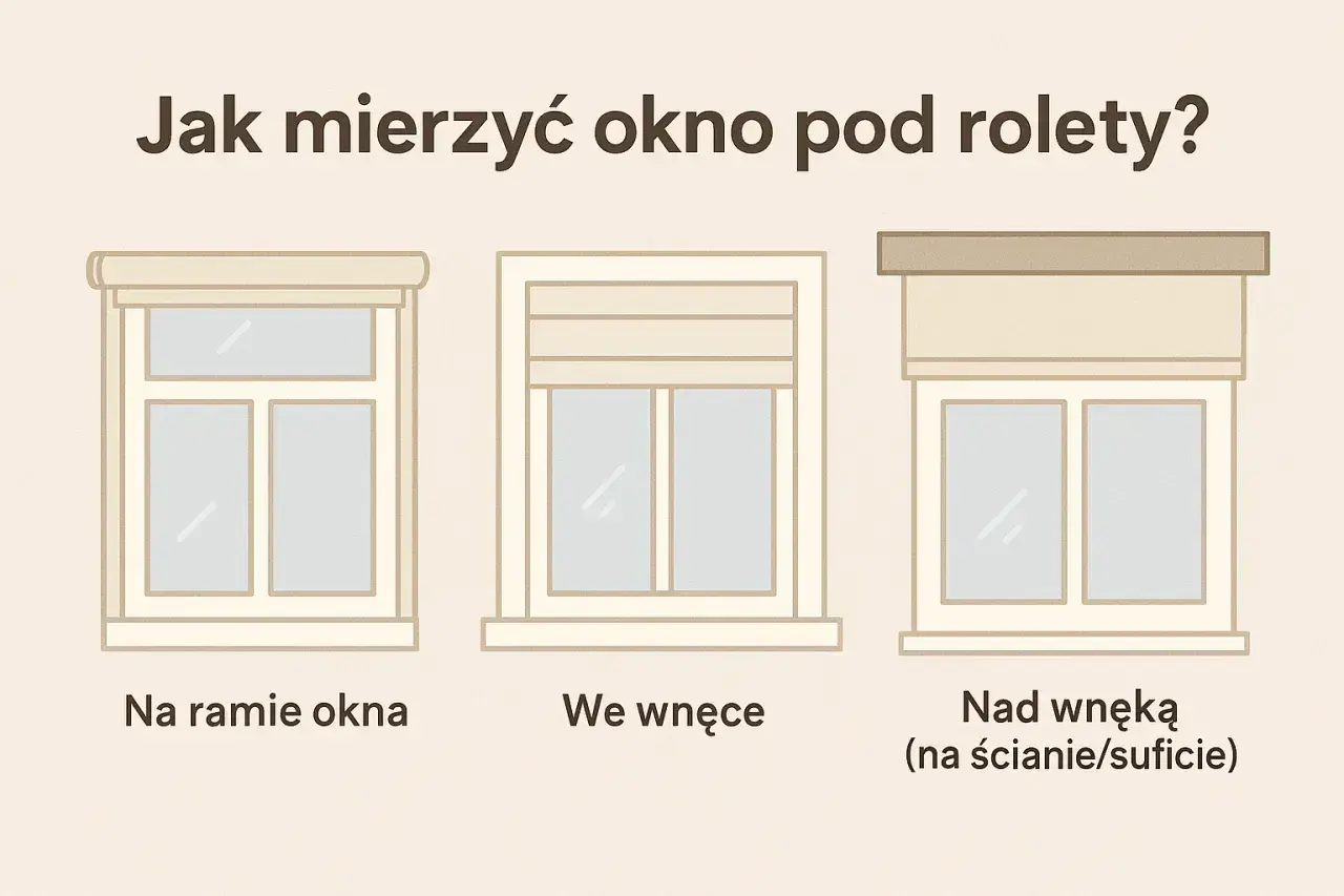 Trzy sposoby montażu rolet: na ramie, we wnęce i nad wnęką. Pomiary pion a poziom są kluczowe.