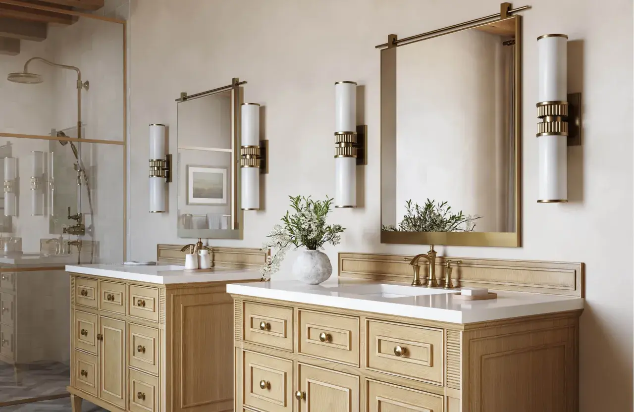 Elegant bathroom with double vanity, brass fixtures, and modern vanity light height 8 ft ceiling.