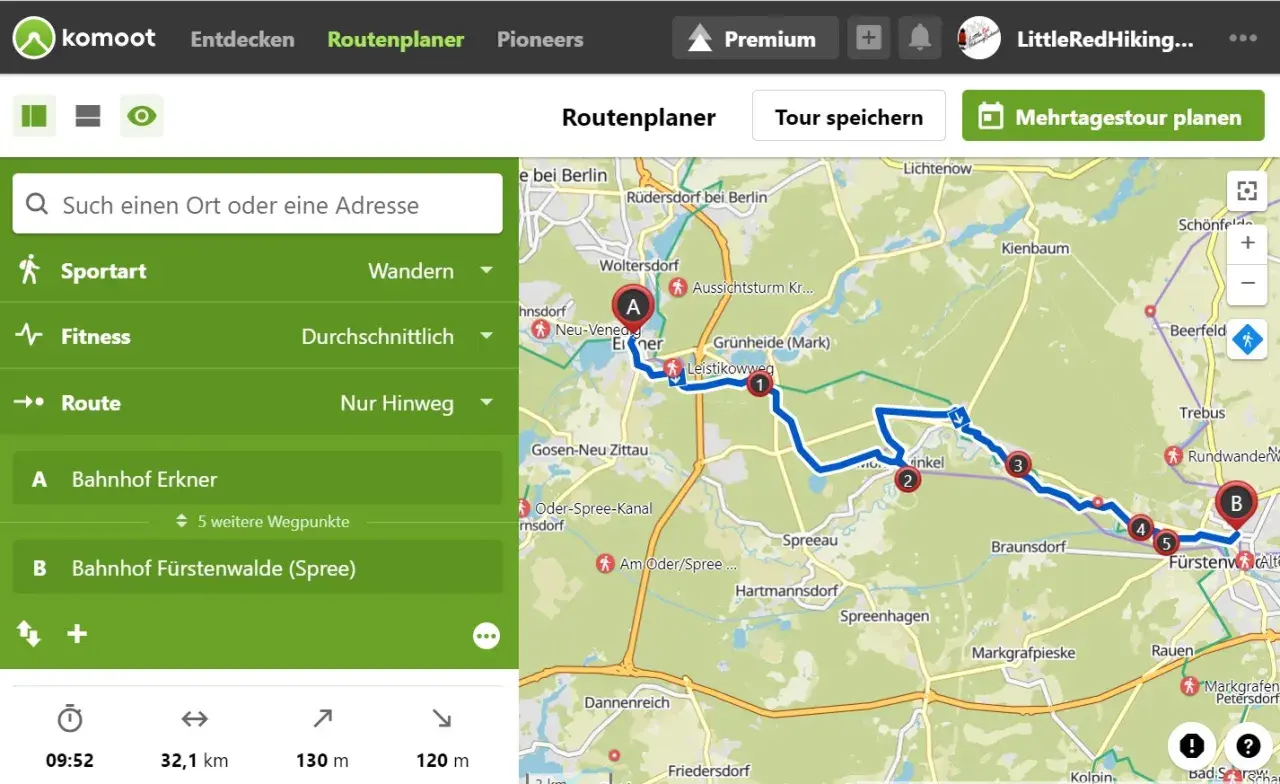 Mit komoot eine Mehrtagestour planen: Wanderroute von Erkner nach Fürstenwalde (Spree) mit 5 Zwischenstopps.