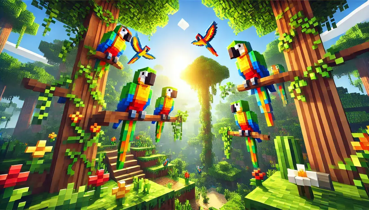 Kolorowe papugi w stylu Minecraft siedzą na gałęziach w bujnej dżungli. Dowiedz się, jak oswoić papugę MC, by towarzyszyła Ci w przygodach.