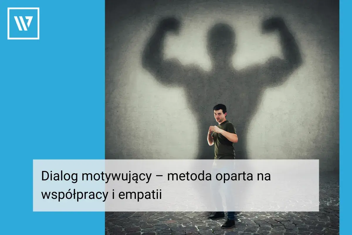Mężczyzna w pozycji obronnej, z cieniem potężnej sylwetki za plecami. Dialog motywujący pomaga odkryć wewnętrzną siłę.