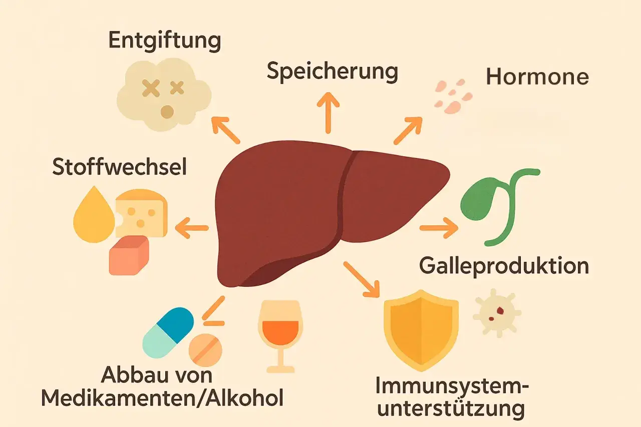 Leberfunktionen: Entgiftung, Stoffwechsel, Speicherung, Hormonproduktion, Gallederivaten, Immununterstützung, Abbau von Medikamenten/Alkohol. Sie hilft auch, was sind freie Radikale zu neutralisieren.