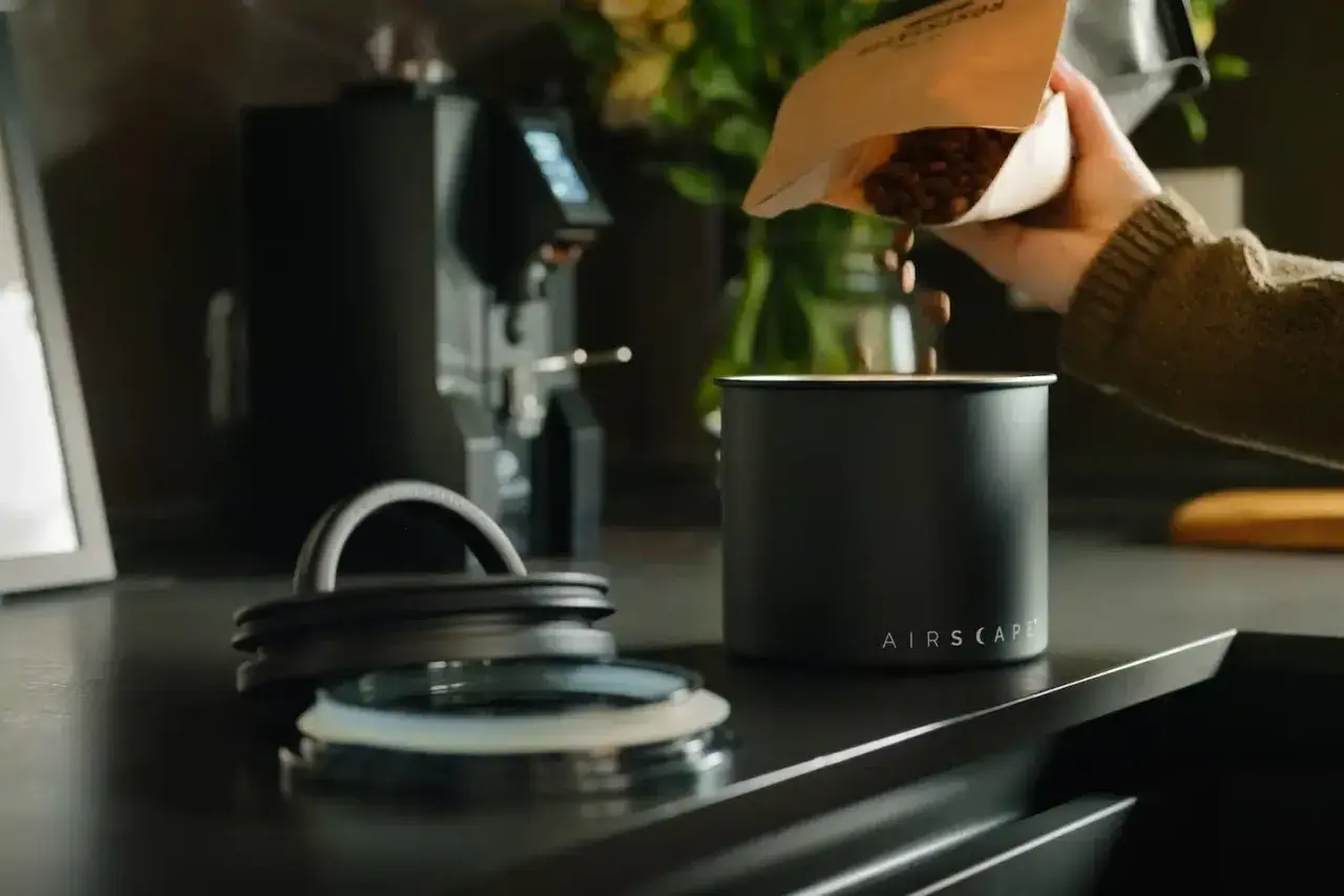 Frische Kaffeebohnen werden in einen Airscape Behälter geschüttet, bereit für die perfekte Kaffee-Infusion.