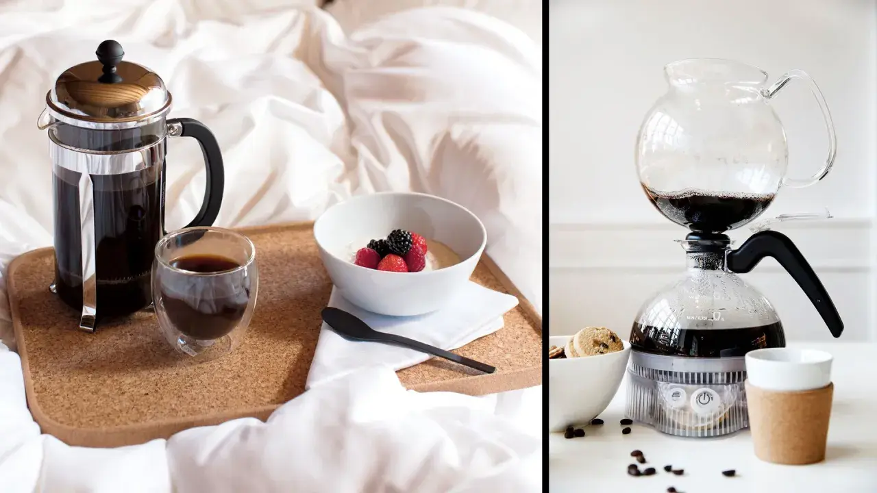 Frukost på sängen med kaffe bryggt på två olika sätt: fransk press och sifon. Lär dig hur brygger man kaffe för en perfekt start på dagen.
