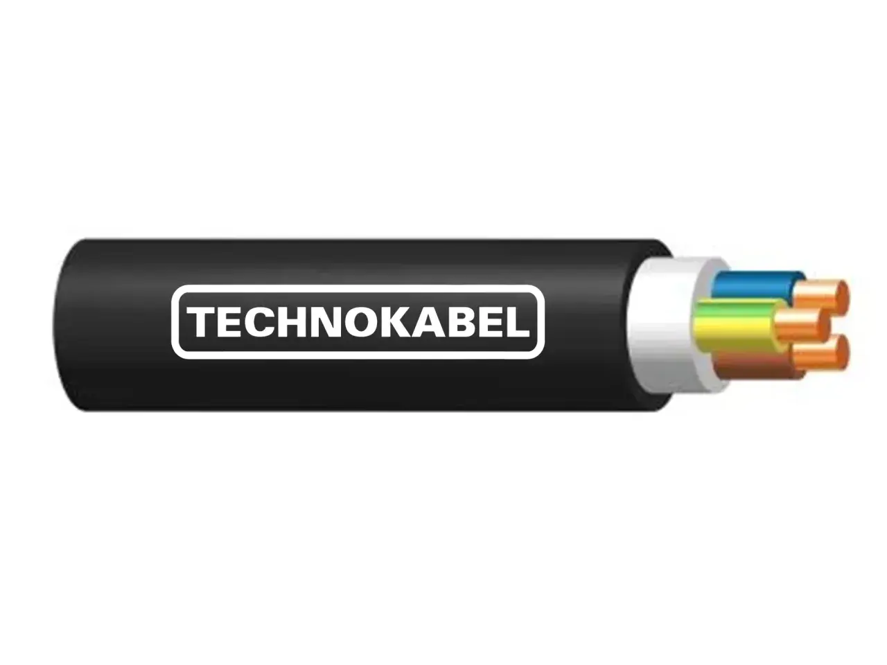 Przekrój kabla Technokabel z widocznymi żyłami w izolacjach: niebieskiej, żółto-zielonej i brązowej.