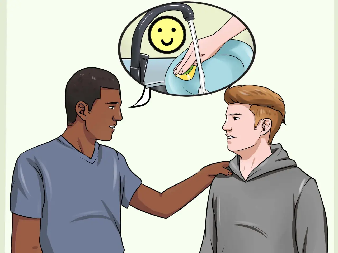 Un uomo consola un amico, suggerendo che le persone frustrate sono pericolose. La nuvoletta mostra un piatto pulito e un sorriso.