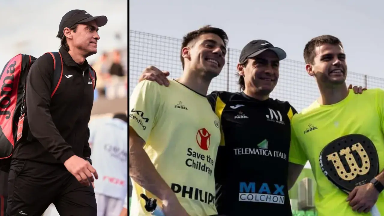 Juani Mieres, un campione di padel, con i suoi compagni di squadra, sorridenti dopo una partita.