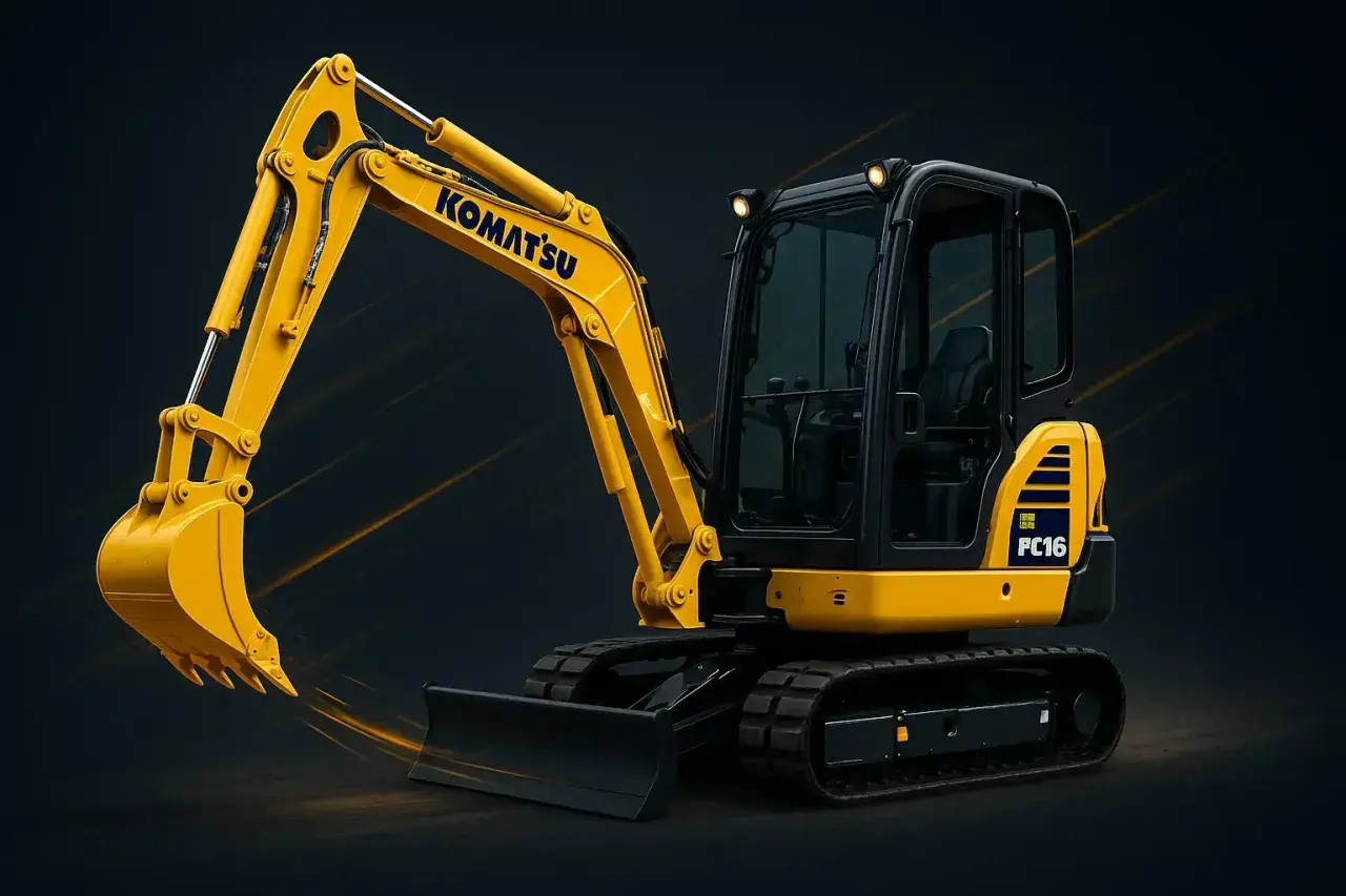 Żółta koparka Komatsu PC16 gotowa do pracy na budowie, z wysuniętym ramieniem i łyżką.