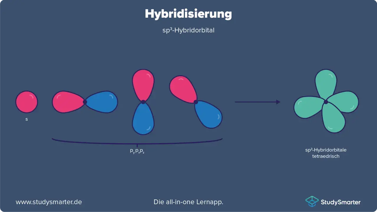 Die Hybridisierung in der Chemie: Ein s-Orbital und drei p-Orbitale verschmelzen zu vier sp³-Hybridorbitalen, die tetraedrisch angeordnet sind.