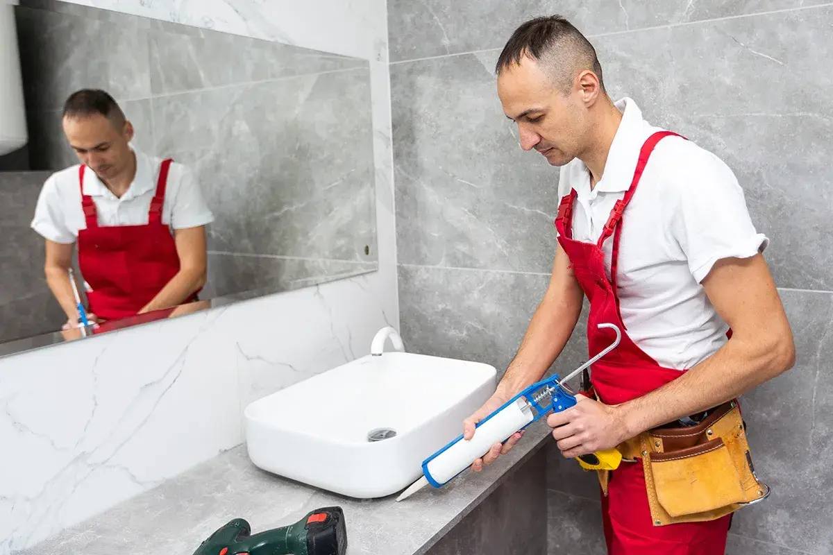 Remont łazienki: fachowiec nakłada silikon sanitarny wokół umywalki. Dowiedz się, ile powinien schnac silikon sanitarny.