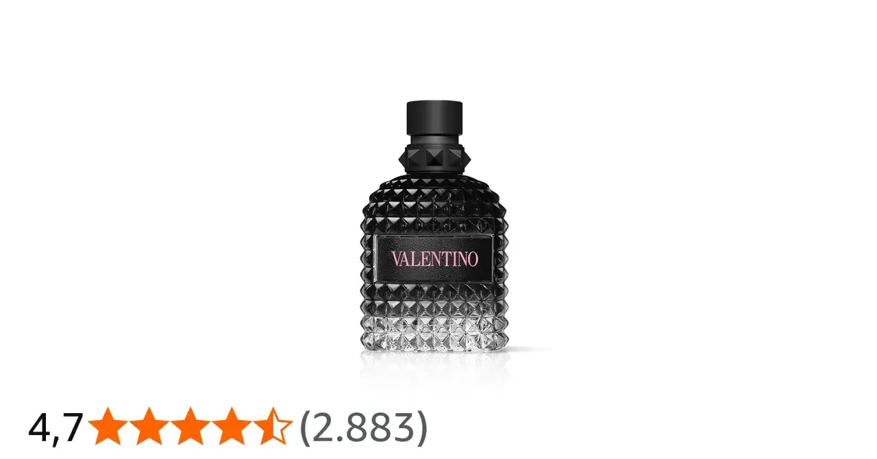 Frasco de perfume Valentino Uomo Born in Roma, negro con detalles plateados y etiqueta rosa.