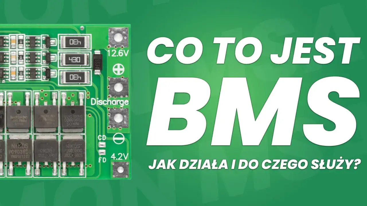 Zielona płytka drukowana z elementami elektronicznymi, część systemu BMS. Napis "CO TO JEST BMS JAK DZIAŁA I DO CZEGO SŁUŻY?".
