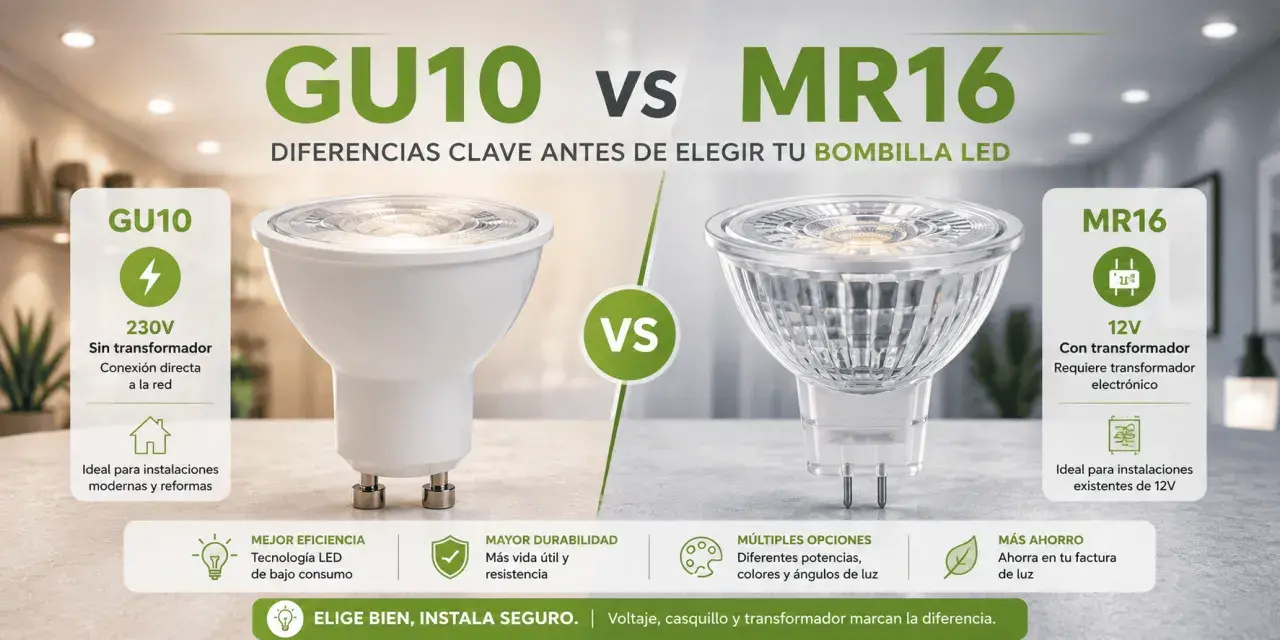 Comparativa de focos led GU10 y MR16. El GU10 es 230V sin transformador, ideal para reformas. El MR16 es 12V con transformador.